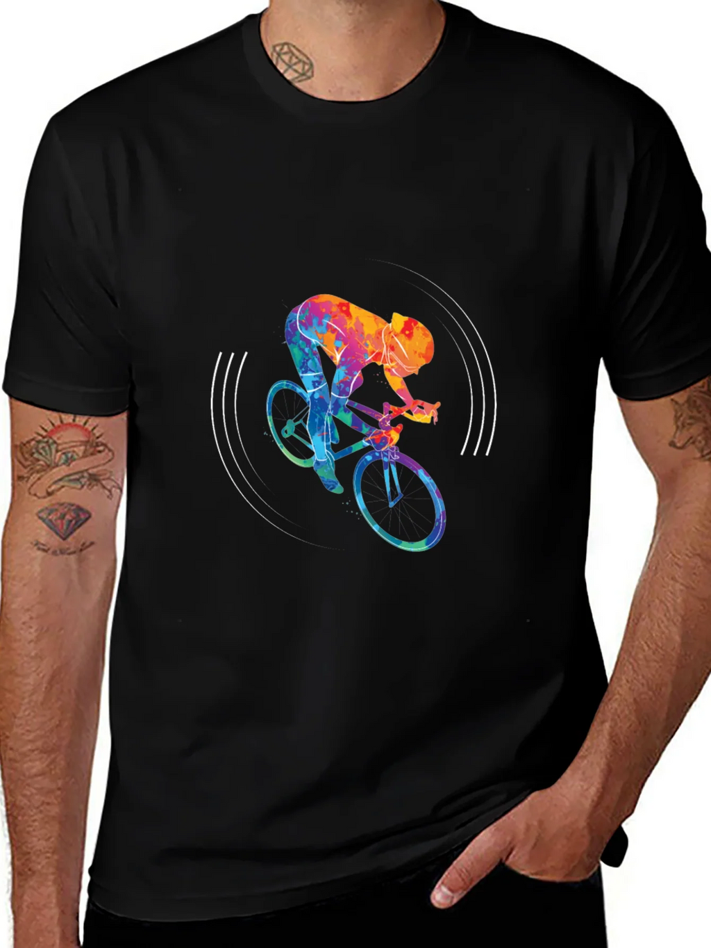 Colorful Cycling Graphic Black Tee Shirt product image 1