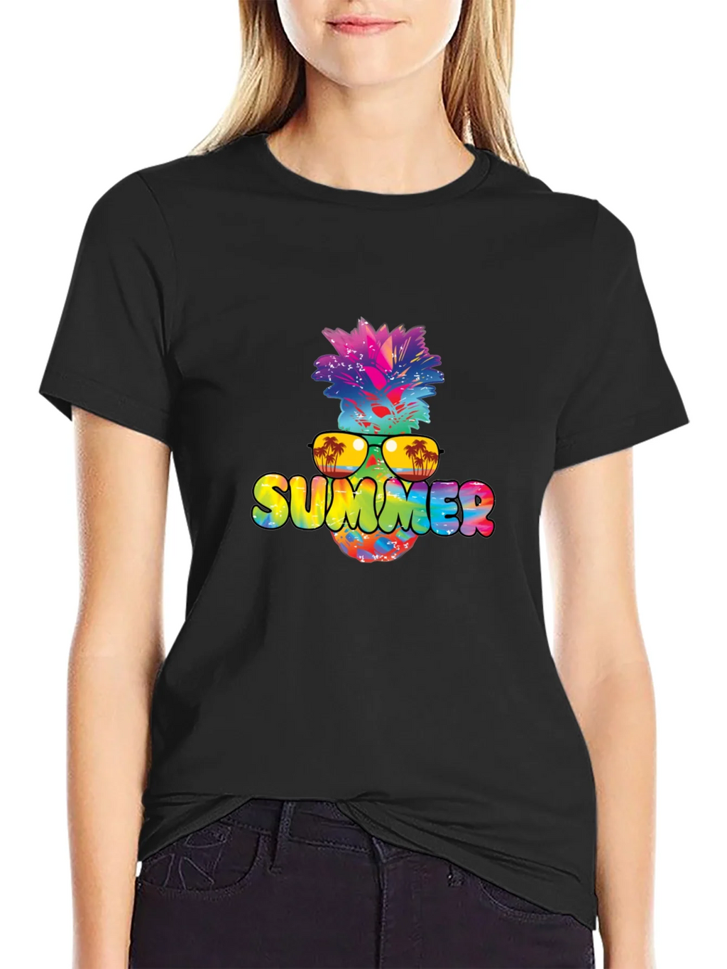 Summer Pineapple Graphic Print Black T-Shirt product image 5