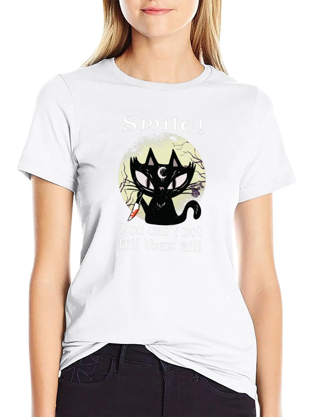 Smile! Black Cat Graphic T-Shirt - Unique Gothic Design product image 11