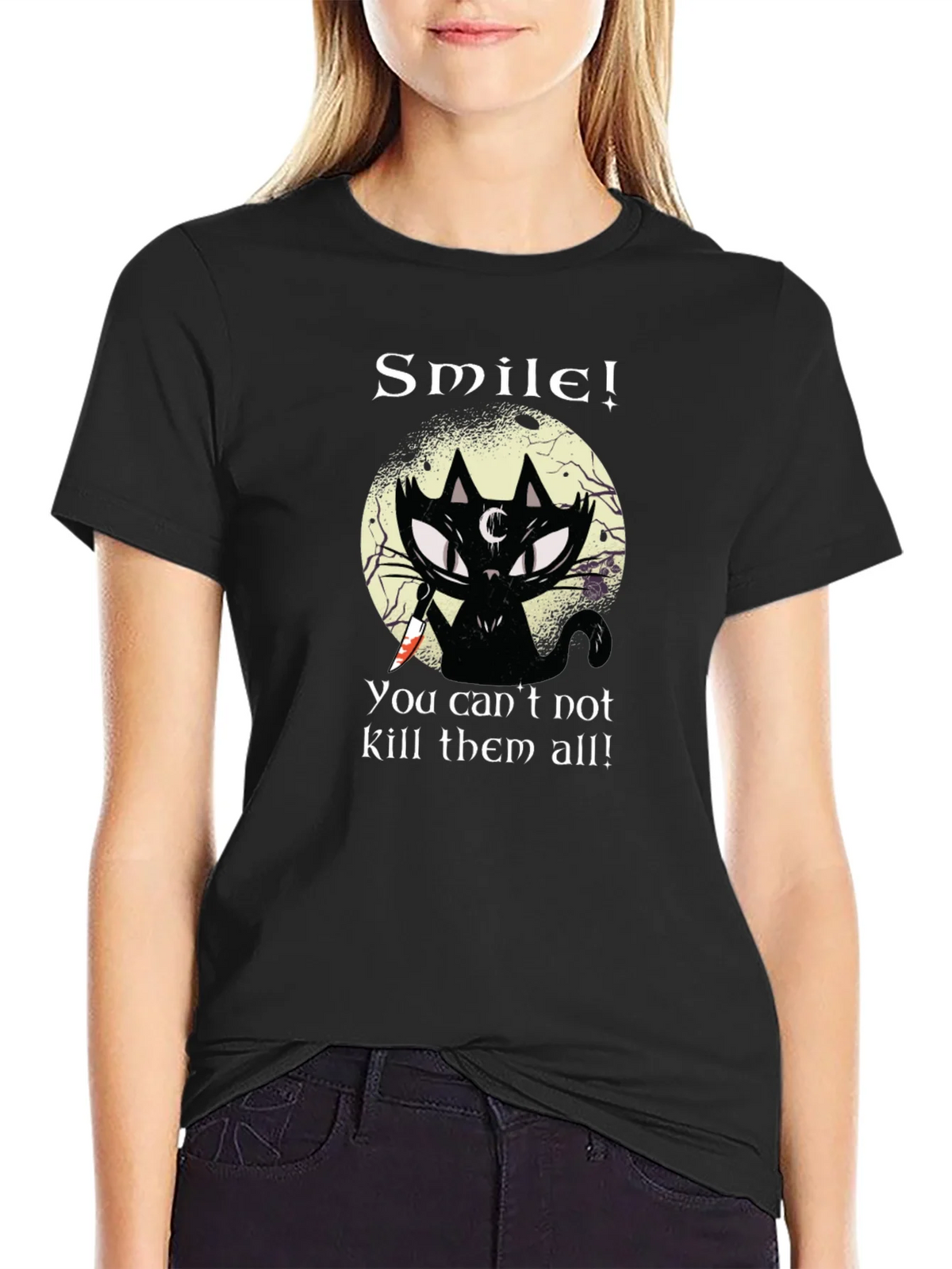 Smile! Black Cat Graphic T-Shirt - Unique Gothic Design product image 5