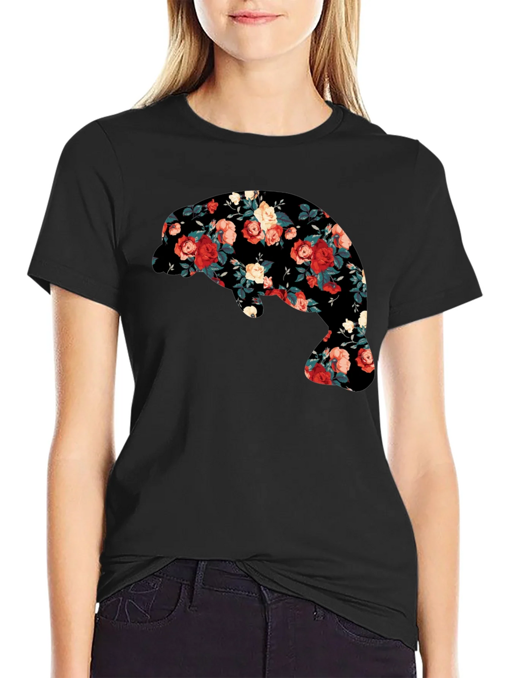 Floral Manatee Black T-Shirt - Unique Graphic Tee product image 5