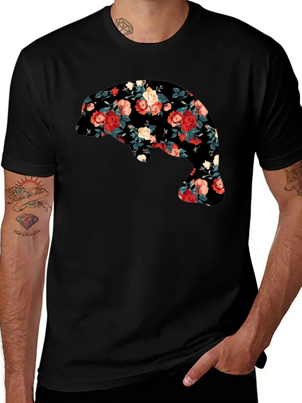 Floral Manatee Black T-Shirt - Unique Graphic Tee product image 1