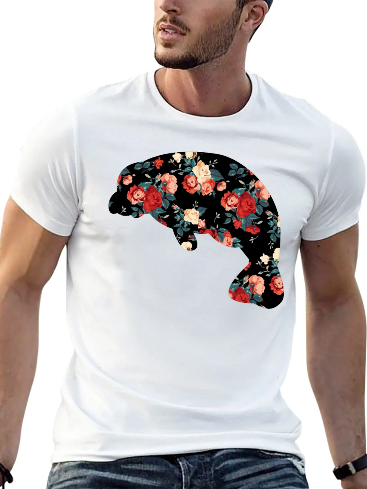 Floral Manatee Black T-Shirt - Unique Graphic Tee product image 4