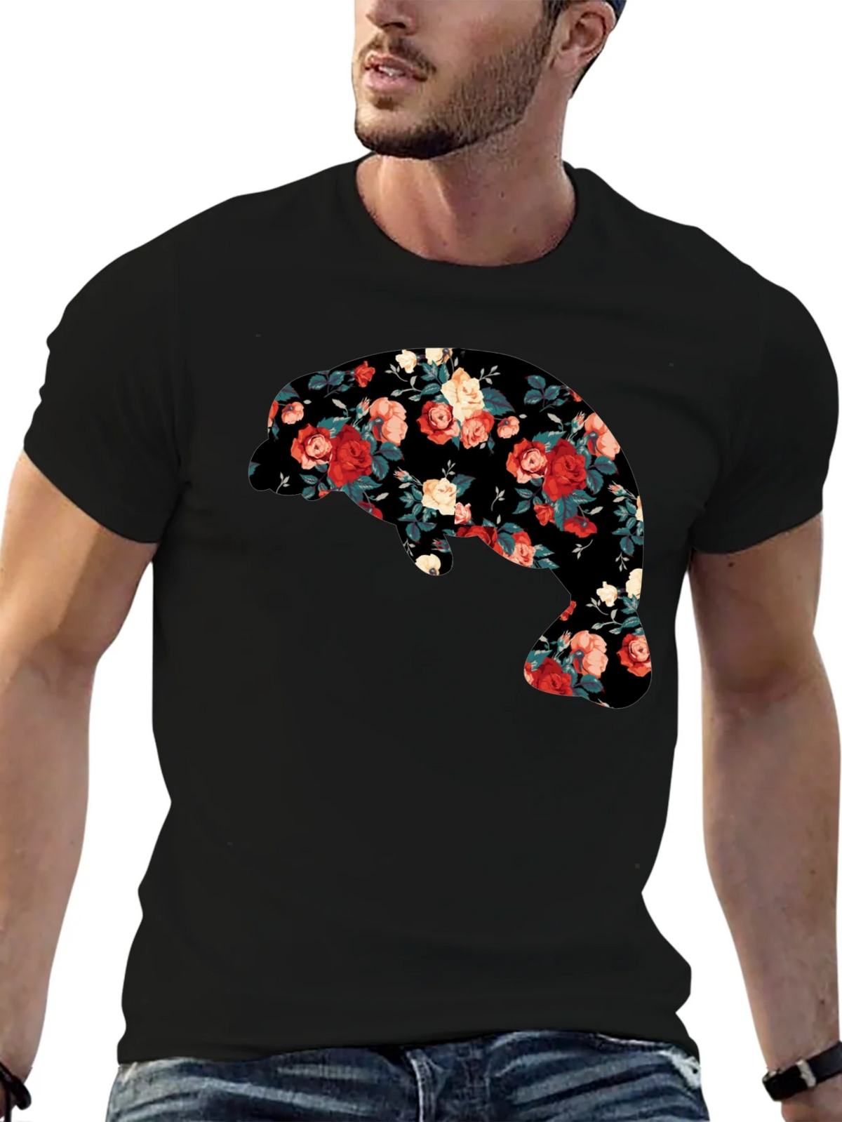 Floral Manatee Black T-Shirt - Unique Graphic Tee product image 8