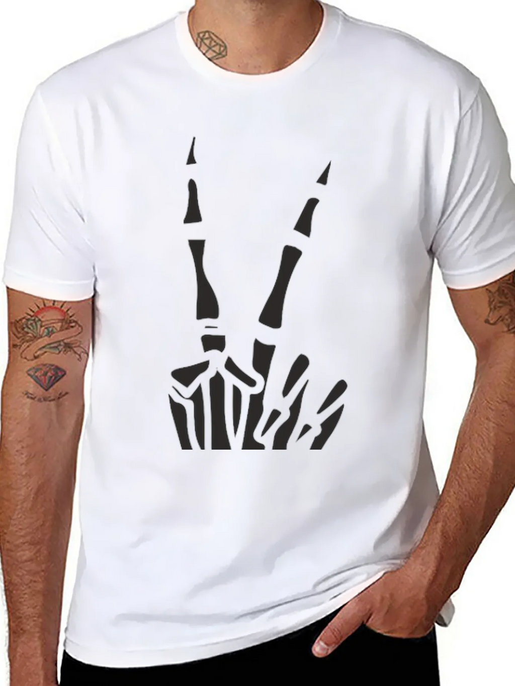 Skeleton Peace Sign Graphic Tee - Black Cotton Casual product image 6