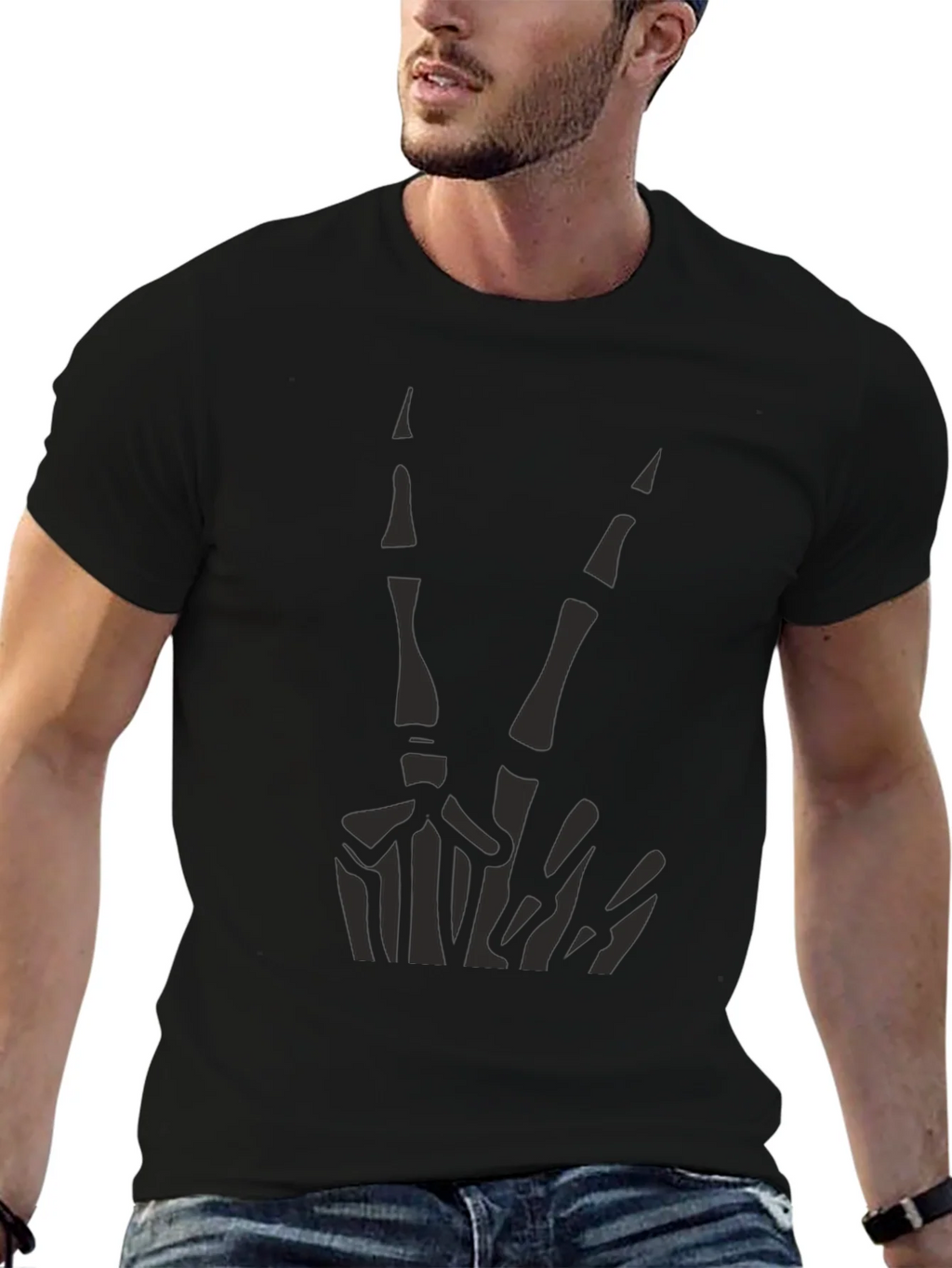 Skeleton Peace Sign Graphic Tee - Black Cotton Casual product image 5