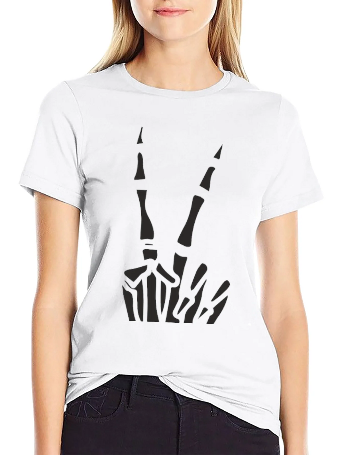 Skeleton Peace Sign Graphic Tee - Black Cotton Casual product image 7