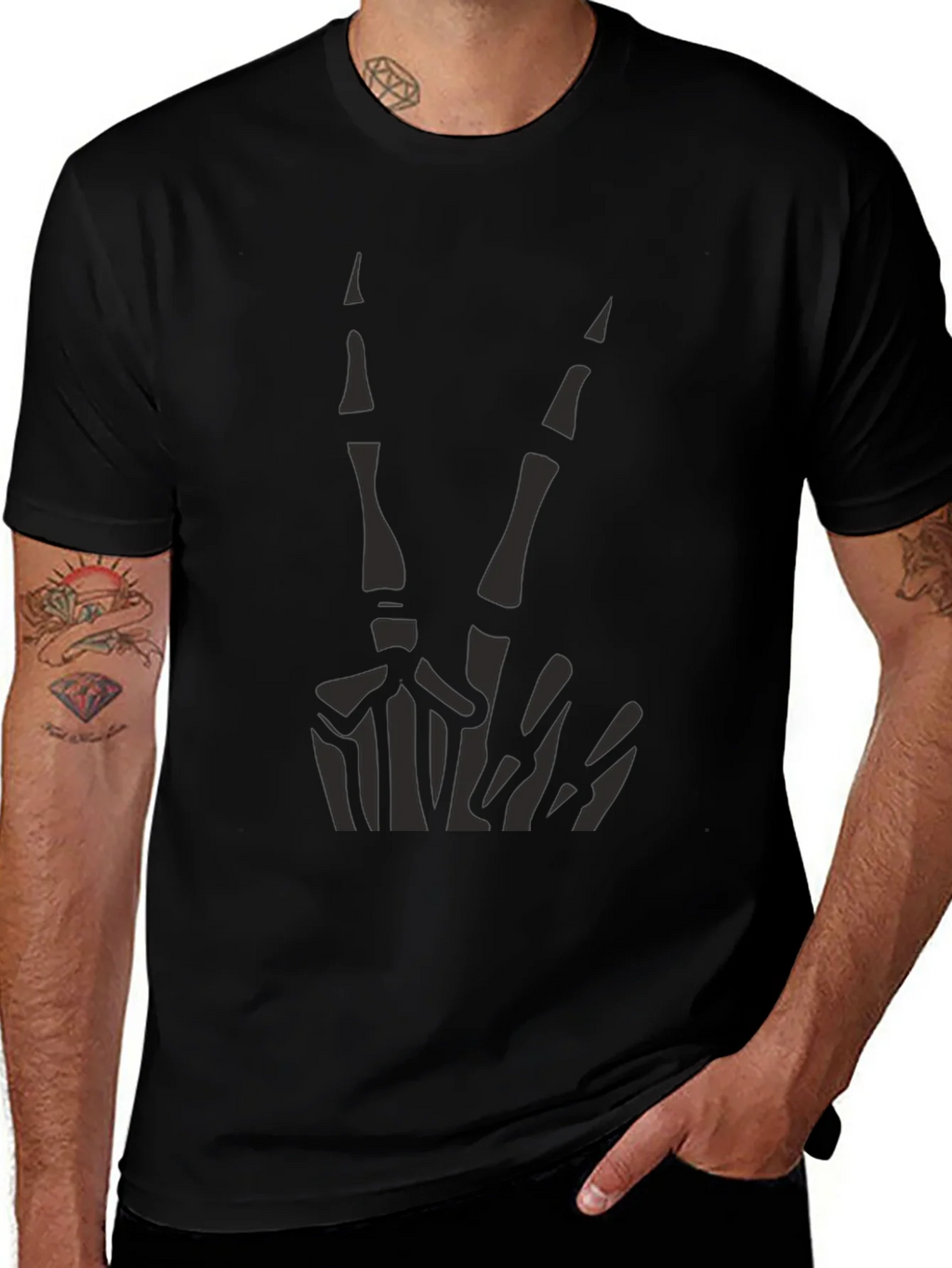 Skeleton Peace Sign Graphic Tee - Black Cotton Casual product image 1